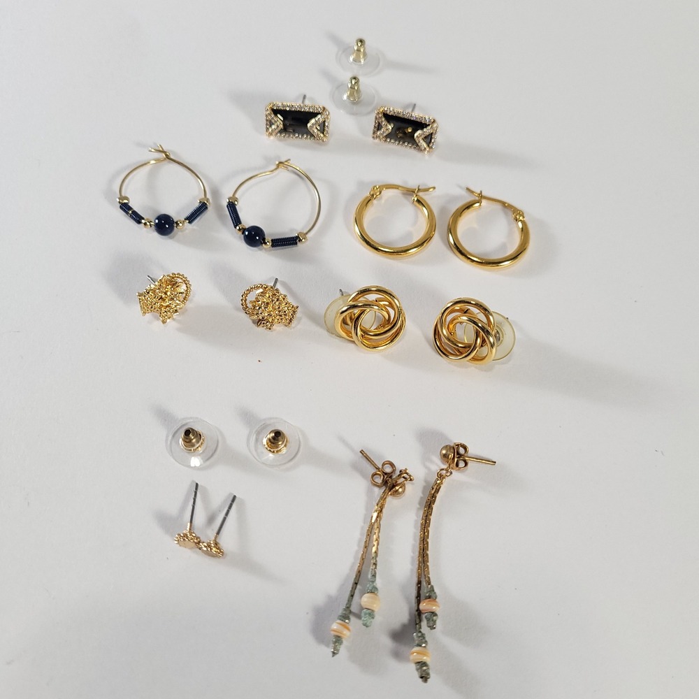 Gold Tone Earring Lot 7 Hoops Studs Drop Rhinestone Mixed Style Jewelry